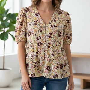 Ann Taylor Factory Multi-Color Floral Tiered Button-Down Blouse - Size Large